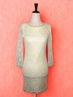 NWT THML Cream Floral Lace Sheath Dress Fringe Trim Long Sleeve Size X-Small